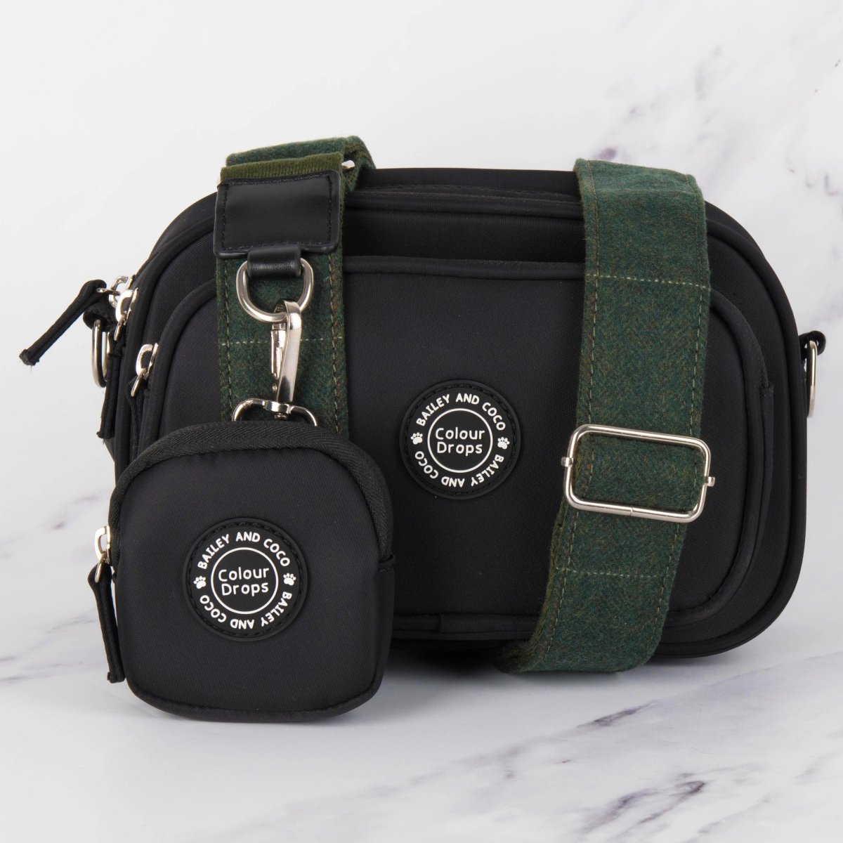 Dog Walking Bag - Black with Forest Tweed Strap - Bailey and Coco (UK)