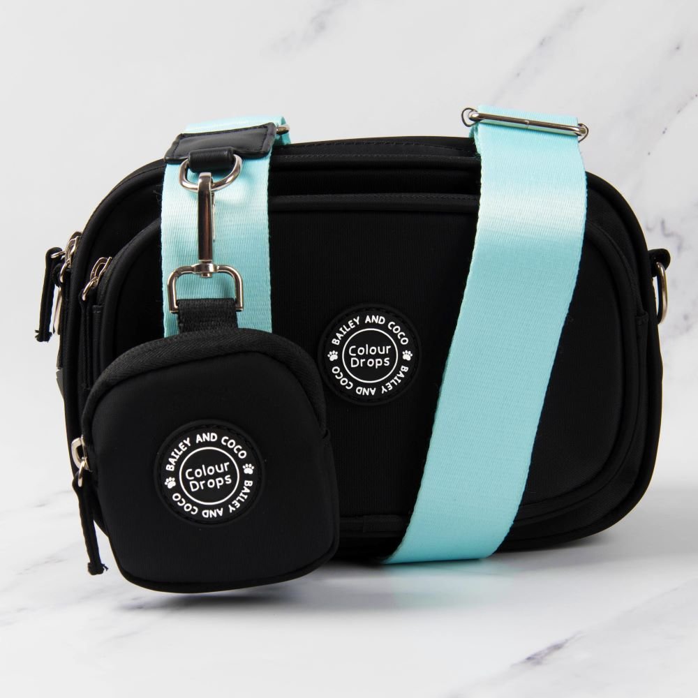 Dog Walking Bag - Black with Ice Teal Strap - Bailey and Coco (UK)