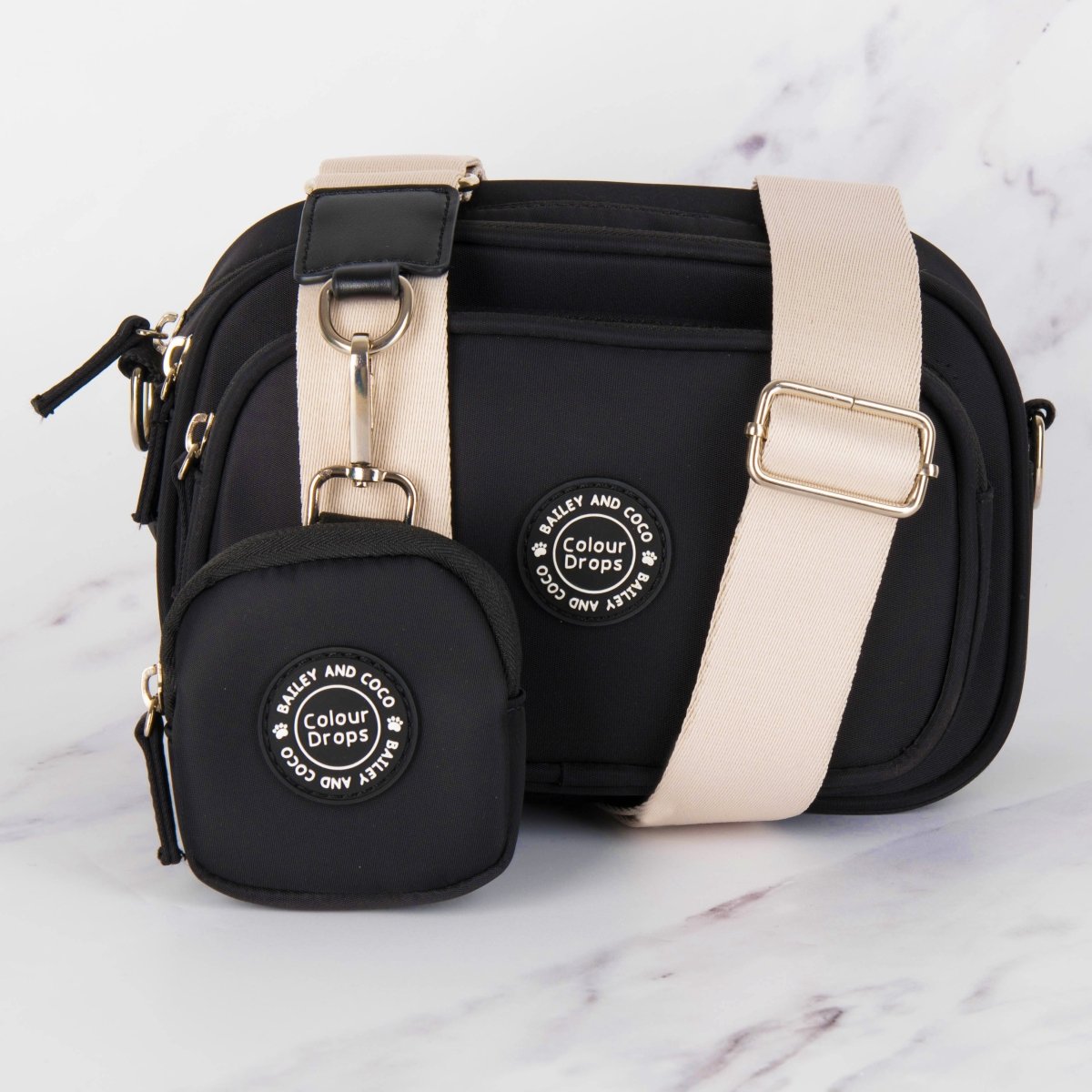 Dog Walking Bag - Black with Latte Strap - Bailey and Coco (UK)