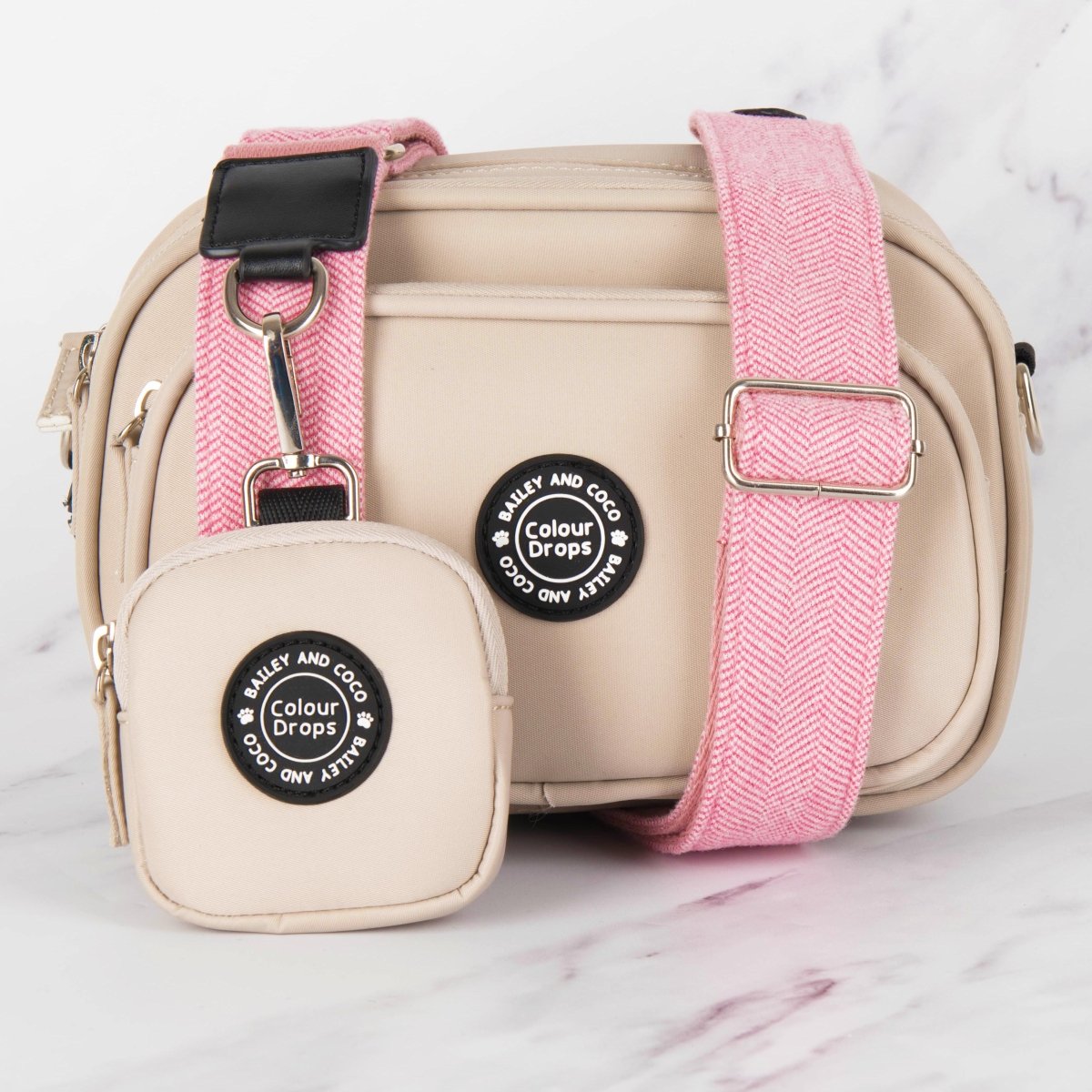 Dog Walking Bag - Latte with Bubblegum Tweed Strap - Bailey and Coco (UK)