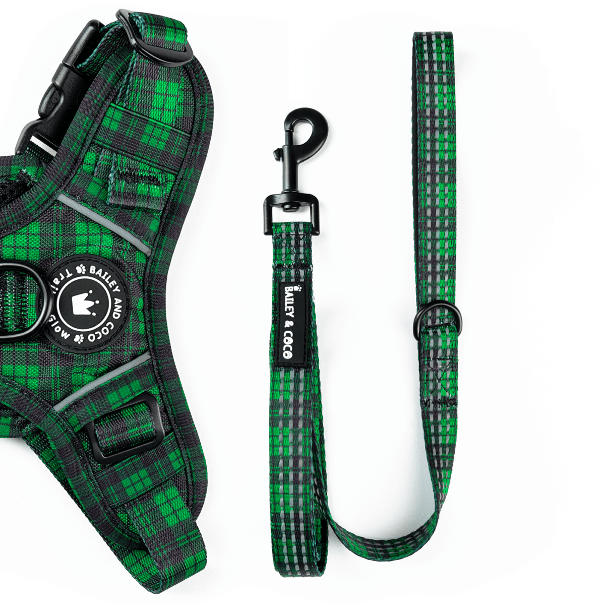 Trail & Glow® Fabric Dog Lead 5ft - Tartan Green - Bailey and Coco (UK)